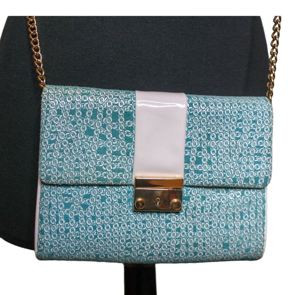 Inge Christopher Crossbody Bag Blue White Chain Print Fabric Purse